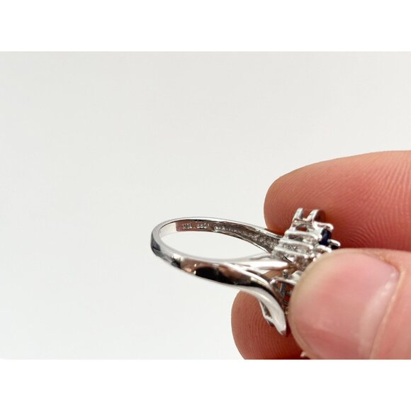 10k White Gold Blue Sapphire & White Diamond Vintage Gemstone Cocktail Ring sz 7 - Picture 8 of 10